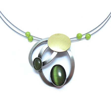 Green Catsite Two-tone Brushed Circle Wire Necklace - Click Image to Close